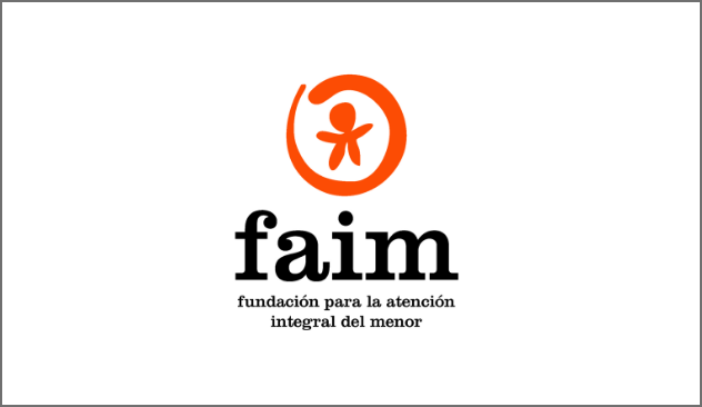 Logo letras faim, fundación para la atención integral del menor en color negro y icono de un niño rodeado por un círculo en color naranja